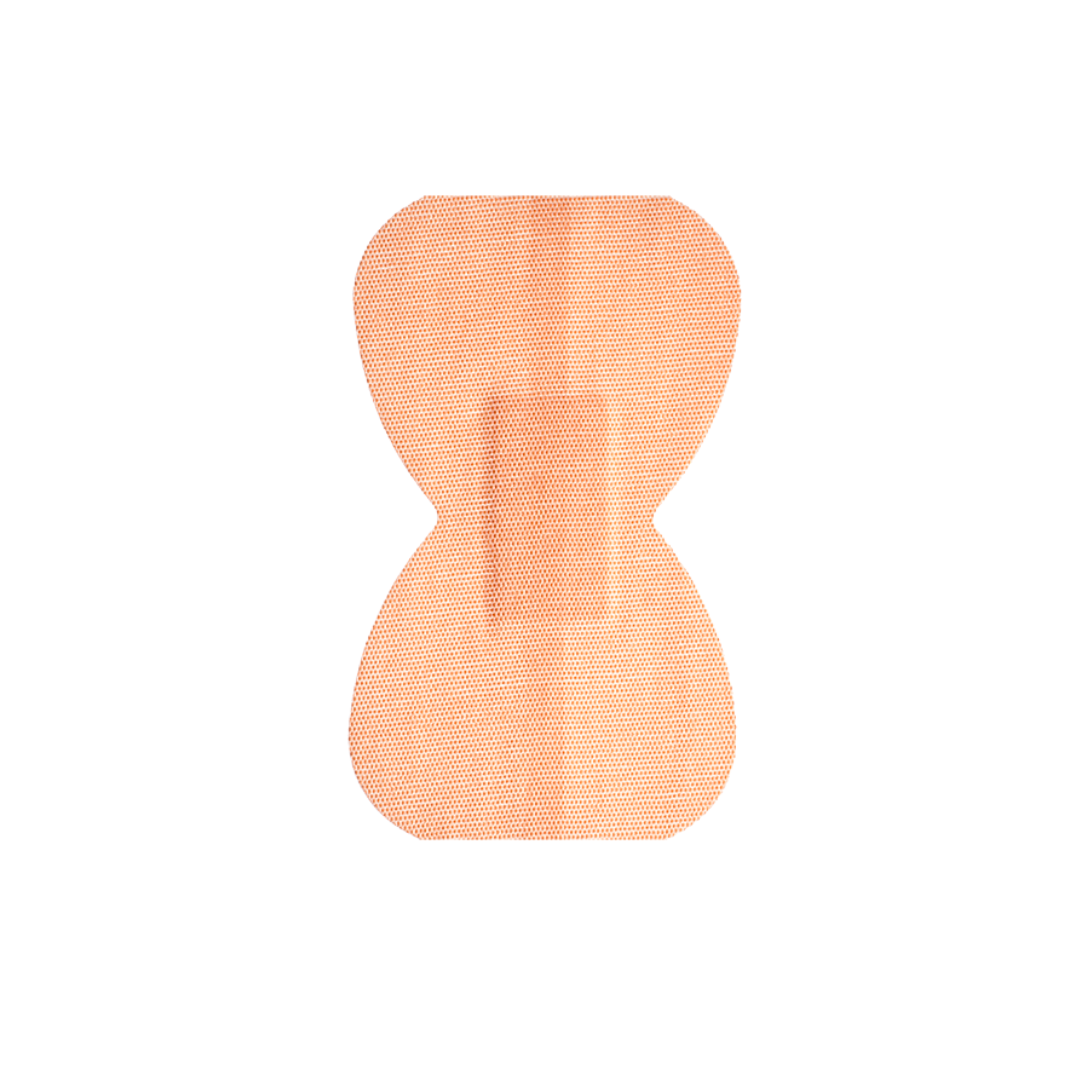 A single tan Dynarex DynaSafety Adhesive Fabric Bandage with a unique hourglass shape is displayed on a plain white background.